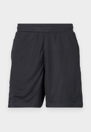 Black athletic shorts made of breathable mesh fabric, featuring an elastic waistband and two side pockets for convenience.