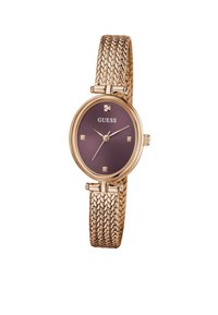 Montre avec bracelet en maille dorée et un cadran rond violet foncé, ornée d'index en or et d'un petit accent en diamant. Marque : Guess.