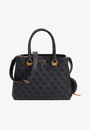 Borsa nera in materiale sintetico con motivo testurizzato, componenti in oro, doppio manico e tracolla rimovibile a tracolla. Dotata di una tasca con cerniera.