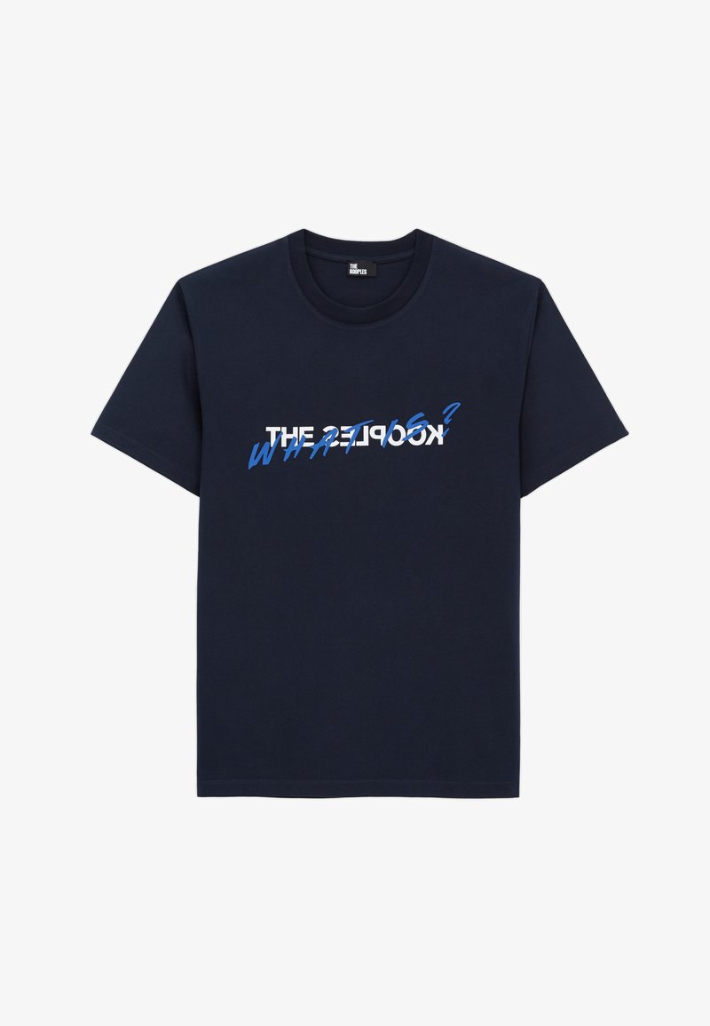 Navy blue cotton t-shirt with a rounded neck. Front features "THE PEOPLE" and "WHAT?" in white and blue stylized lettering.