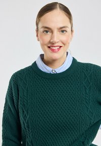 Donkergroene gebreide trui met textuurpatronen, geribde halslijn en lange mouwen, gedragen over een lichtblauw overhemd met kraag.