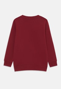 Felpa bordeaux, misto cotone, scollo rotondo, maniche lunghe, polsini e orlo a costine, texture liscia, design semplice senza decorazioni.