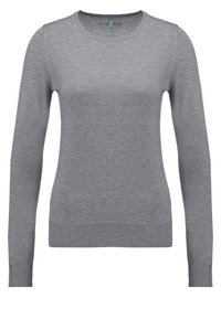 Šedý svetr s dlouhým rukávem a kulatým výstřihem; hladká pletenina; přiléhavý střih; žebrované manžety a lem; minimalistický styl.