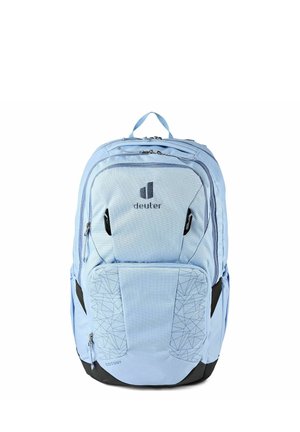Zaino Deuter Cotogy azzurro chiaro con più scomparti con cerniera e motivo geometrico sulla tasca frontale.
