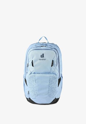 Zaino Deuter Cotogy azzurro chiaro con più scomparti con cerniera e motivo geometrico sulla tasca frontale.