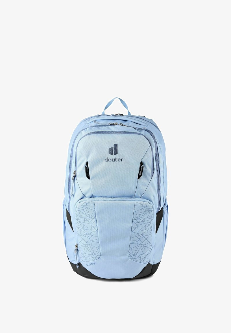 Sac à dos Deuter Cotogy bleu clair avec plusieurs compartiments zippés et motif géométrique sur la poche avant.