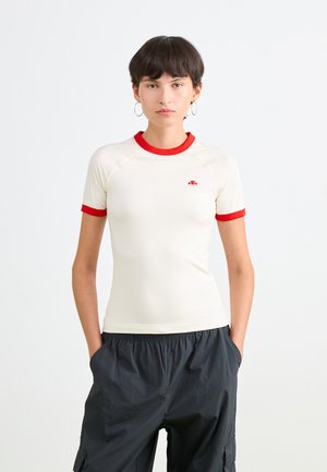 White fitted t-shirt with red raglan sleeves and collar. Features a small red logo on the chest. Soft, lightweight fabric.