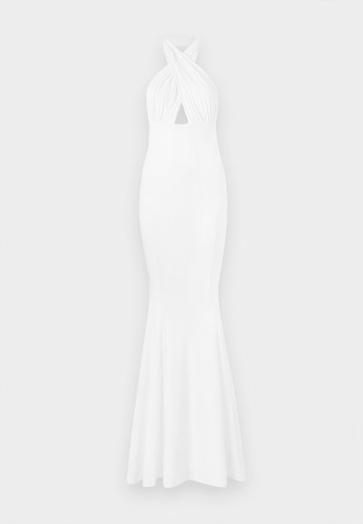 Vestido de noche blanco con un corpiño ajustado, cuello halter, detalle frontal retorcido y un dobladillo acampanado. Fabricado en un tejido liso y elástico.