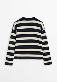 Pull en tricot �à manches longues avec de larges rayures horizontales noires et blanches, col rond, vu de dos sur un fond uni.