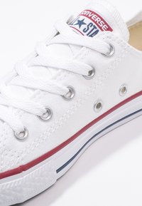 Vita canvas sneakers med metalöglor, vita snören, röda och blå detaljer på sulan och en logotyprem på tungan.