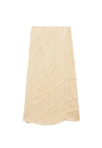 Jupe en lin beige avec un motif texturé en vagues et des bords effilochés. Le design présente une silhouette fluide et arrive au genou.