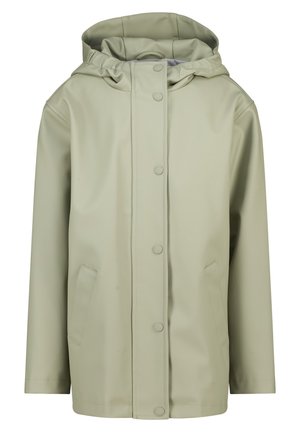 Light green waterproof jacket with a hood, front snap closure, two side pockets, and a smooth, textured finish.