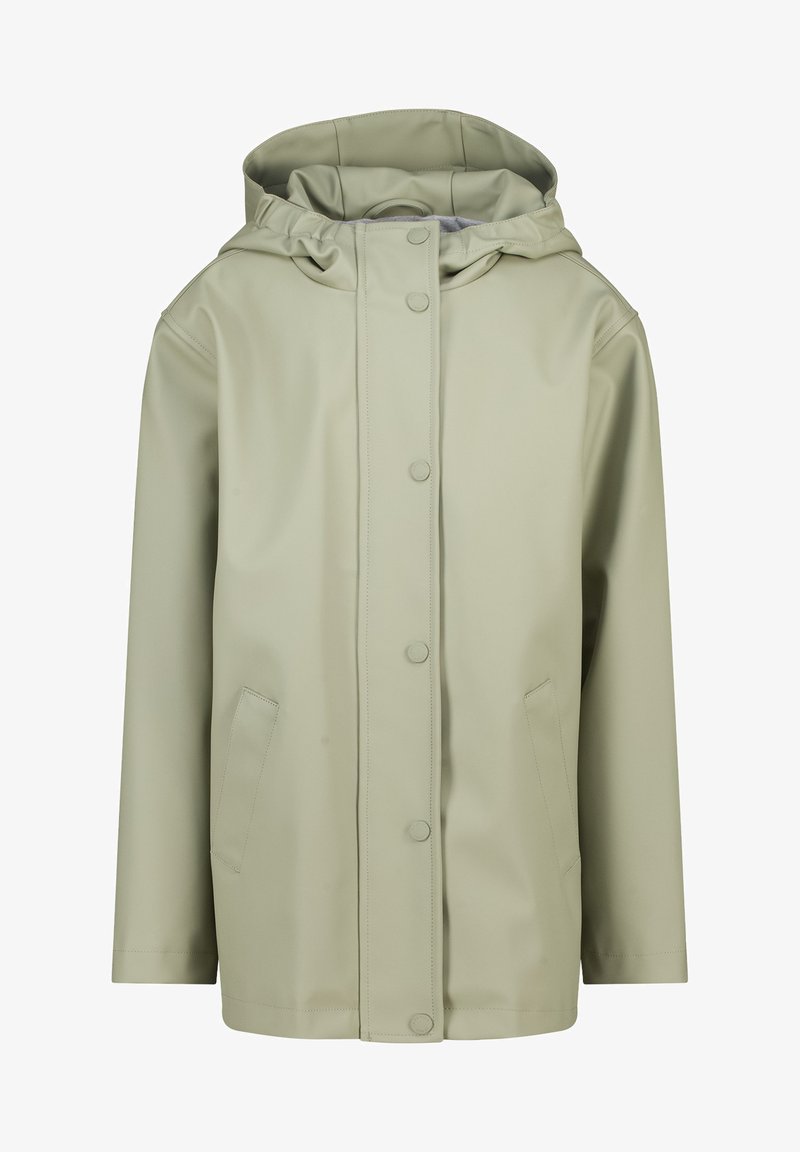 Giacca impermeabile verde chiaro con cappuccio, chiusura frontale a bottoni a pressione, due tasche laterali e una finitura liscia e testurizzata.