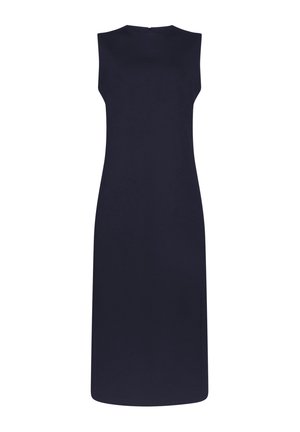 Mørkeblå ærmeløs kjole med en lige silhuet, høj halsudskæring, sideslids og en skjult lynlås bagpå. Glat stofstruktur.