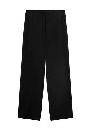 Black wide-leg pants made from soft fabric, featuring an elastic waistband with a drawstring and side pockets.