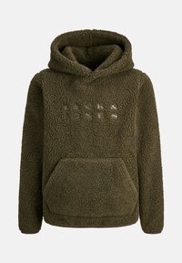 Sudadera de forro polar verde con un acabado texturizado, que cuenta con un gran bolsillo frontal y un diseño estilo canguro. Nombre de la marca impreso en plata.