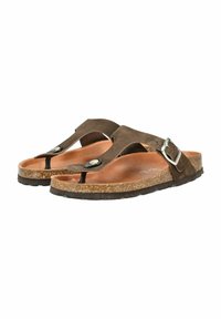 Brune suedeflip-flop sandaler med en sort læderrem, korksål og en sølvspænde detalje på siden. Flad og åben tå-design.