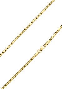 Zlatoobarvan verižni ogrlice z medsebojnimi povezavami, ki ima gladko teksturo in varen sponko za zapenje.