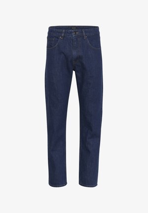 Temno modri kavbojki s ravnim krojem, petimi žepi in rumenim šivom na šivih. Tkanina ima gladko teksturo.