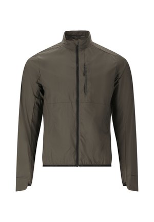 Veste légère vert olive avec fermeture éclair intégrale à l'avant, col montant, manches longues et poche poitrine zippée verticale.