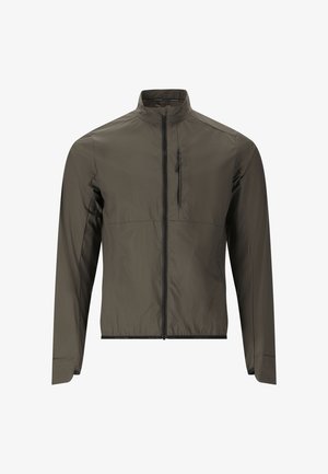 Veste légère vert olive avec fermeture éclair intégrale à l'avant, col montant, manches longues et poche poitrine zippée verticale.