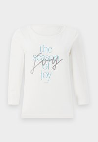 White long-sleeve T-shirt made of cotton featuring blue text "the season of joy" in a mix of font styles and black accent details.