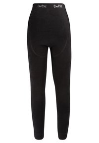 Schwarze Stretch-Leggings aus weichem Material, ausgestattet mit einem elastischen Bund mit weißer "ewers"-Markierung und verstärkten Details im Rückenteil.