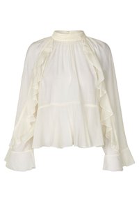Blouse blanche à col haut, avec un devant et des manches à volants, et une coupe ample. Tissu léger et texturé avec un tombé fluide et un design à étages.