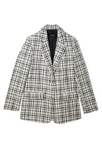 Black and white tweed blazer with a lapel collar, single-button closure, and two front pockets. Textured pattern throughout.