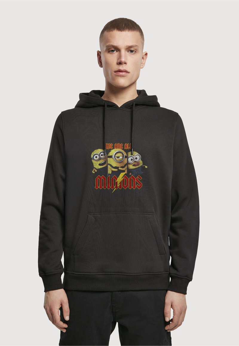 Sweat à capuche noir en mélange de coton avec poche avant, capuche à cordon et imprimé graphique de trois Minions accompagné du texte "NOUS SOMMES TOUS DES MINIONS".