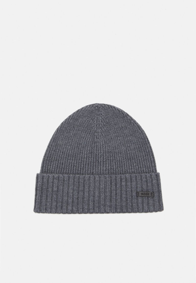Gray ribbed knit beanie with a folded cuff. Features a small black label on the side. Soft texture and form-fitting design.