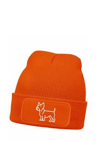 Orange knit beanie with a ribbed texture, featuring a white embroidered dog silhouette on a flat patch across the front.