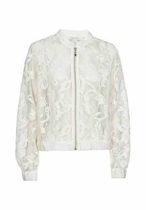 Witte bomberjack van kant met een ritssluiting aan de voorkant, geribbelde manchetten en zoom, met bloemmotieven en een lichtgewicht, gestructureerd ontwerp.