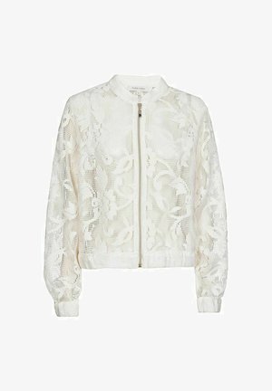 Witte bomberjack van kant met een ritssluiting aan de voorkant, geribbelde manchetten en zoom, met bloemmotieven en een lichtgewicht, gestructureerd ontwerp.