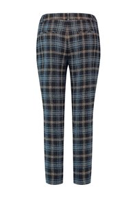 Geruite broek met een zwart, blauw en beige patroon. Rechte pijp ontwerp, getailleerde pasvorm en elastische tailleband. Gemaakt van gestructureerde stof.