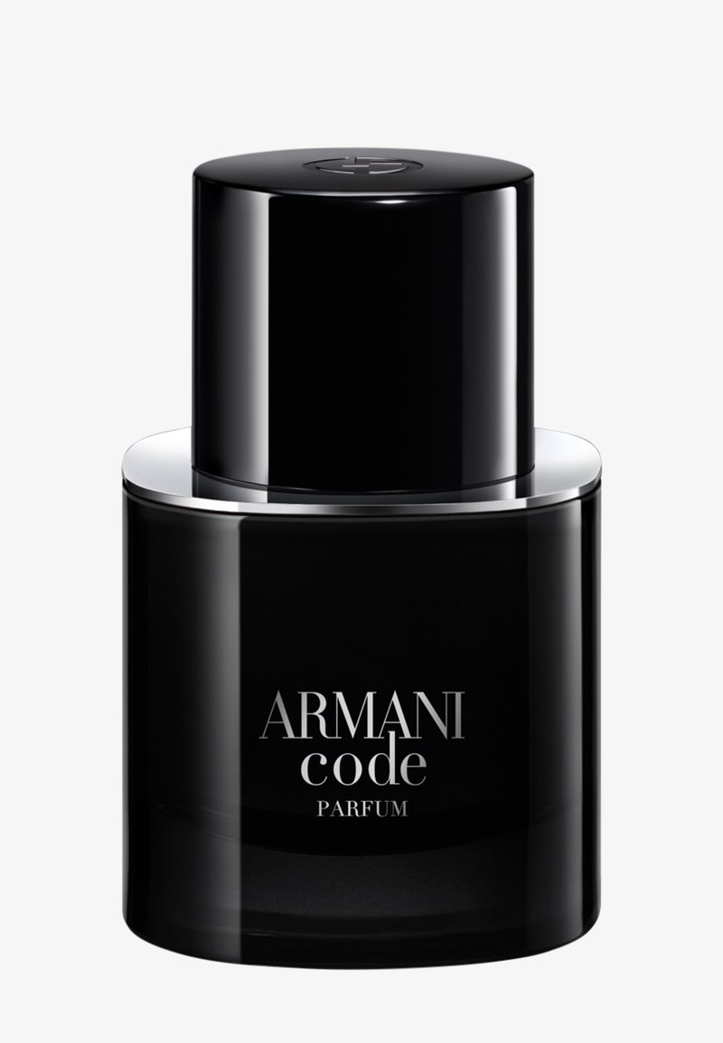 Svart sylindrisk Armani Code Parfum-flaske med sølvring nær toppen og en avrundet svart hette.