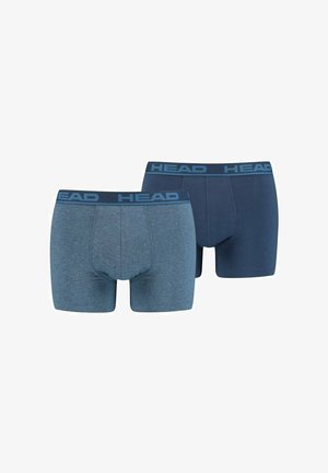 Twee paar herenboxershorts in blauw en marineblauw, met een contrasterende logo tailleband en een zachte, rekbare stof.