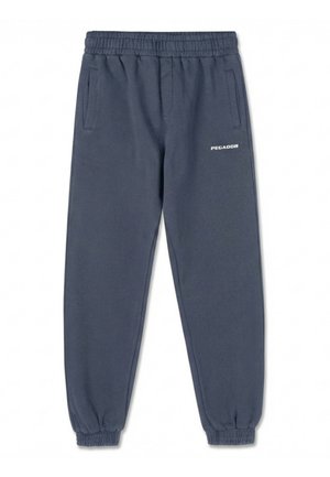 Pantaloni jogger blu navy con vita elasticizzata, polsini alle caviglie, tasche laterali e piccolo logo bianco "PEGADOR" sulla coscia destra.