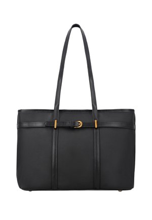 Borsa tote rettangolare nera con due manici lunghi, una cintura decorativa con fibbia dorata sul davanti e una superficie testurizzata.