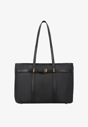 Geantă tote dreptunghiulară neagră, cu două mâner lungi, o centură decorativă cu o cataramă aurie pe față și o suprafață texturată.