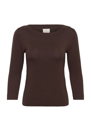 Dunkelbrauner, langärmliger Strickpullover mit Bootsausschnitt und figurbetonter Silhouette.