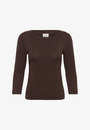 Dunkelbrauner, langärmliger Strickpullover mit Bootsausschnitt und figurbetonter Silhouette.