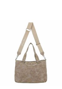 Borsa a spalla in tessuto beige con doppi manici e una tracolla in tela regolabile. Presenta una texture perforata sottile e un bordo superiore arrotondato.
