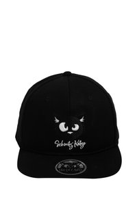 Cappellino da baseball nero con un volto stilizzato di gatto nero con occhi bianchi e il testo "Schmitz' Katze" ricamato sulla parte anteriore.
