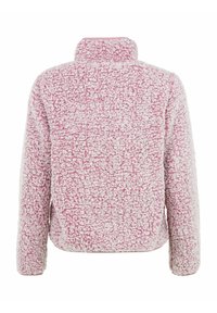 Veste en polaire sherpa rose à manches longues et col haut, vue de dos, présentant un tissu texturé et duveteux.