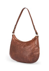 Sac hobo en cuir marron avec un motif crocodile texturé, forme courbée et une seule sangle ajustable. Fermeture éclair sur le dessus.