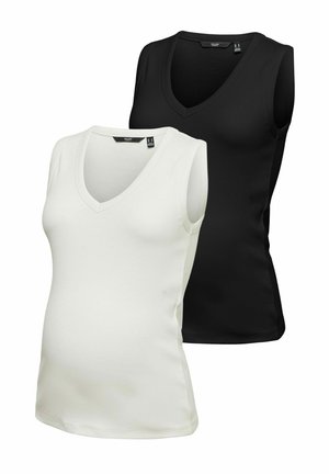 Deux hauts de maternité sans manches en noir et blanc avec des encolures en V, conçus pour une coupe ajustée autour du ventre.
