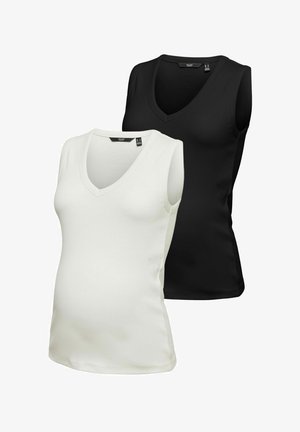 Deux hauts de maternité sans manches en noir et blanc avec des encolures en V, conçus pour une coupe ajustée autour du ventre.