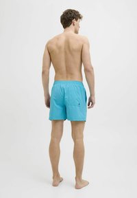 Bañadores para hombre en un brillante color turquesa, con cintura elástica, bolsillo trasero, textura suave, diseño hasta la rodilla y estilo minimalista.