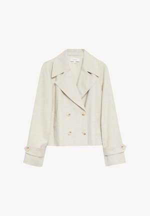 Beżowa dwurzędowa marynarka z szerokimi klapami, zapinanymi na guziki mankietami i krótkim krojem, prezentowana na białym tle.